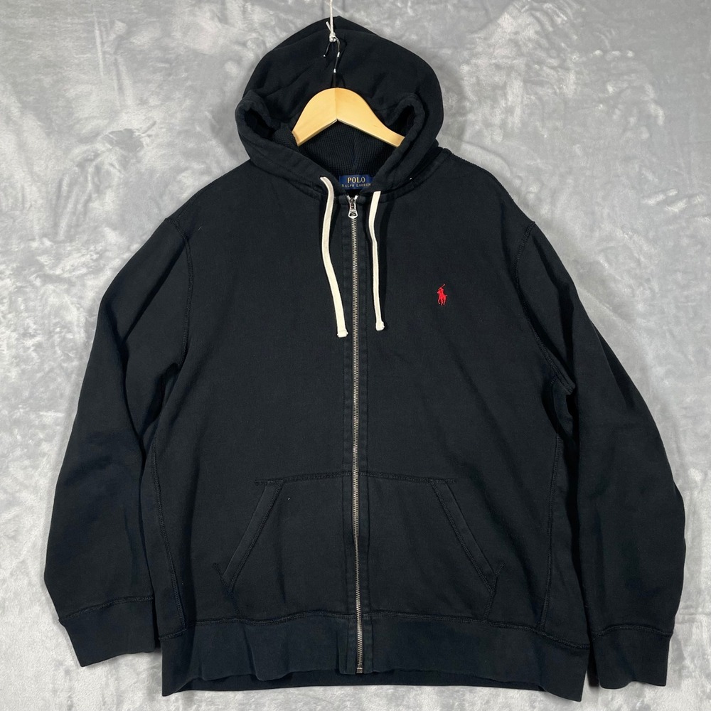 Polo Ralph Lauren Mens Full Zip Hoodie Black Red Pony Logo Sweatshirt Large